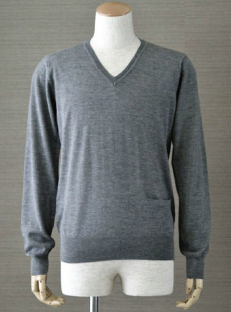 【Men's】Worsted Pure Cashmere V pullover / gray（メンズ 梳毛カシミヤ 100% Ｖプルオーバー / グレー）